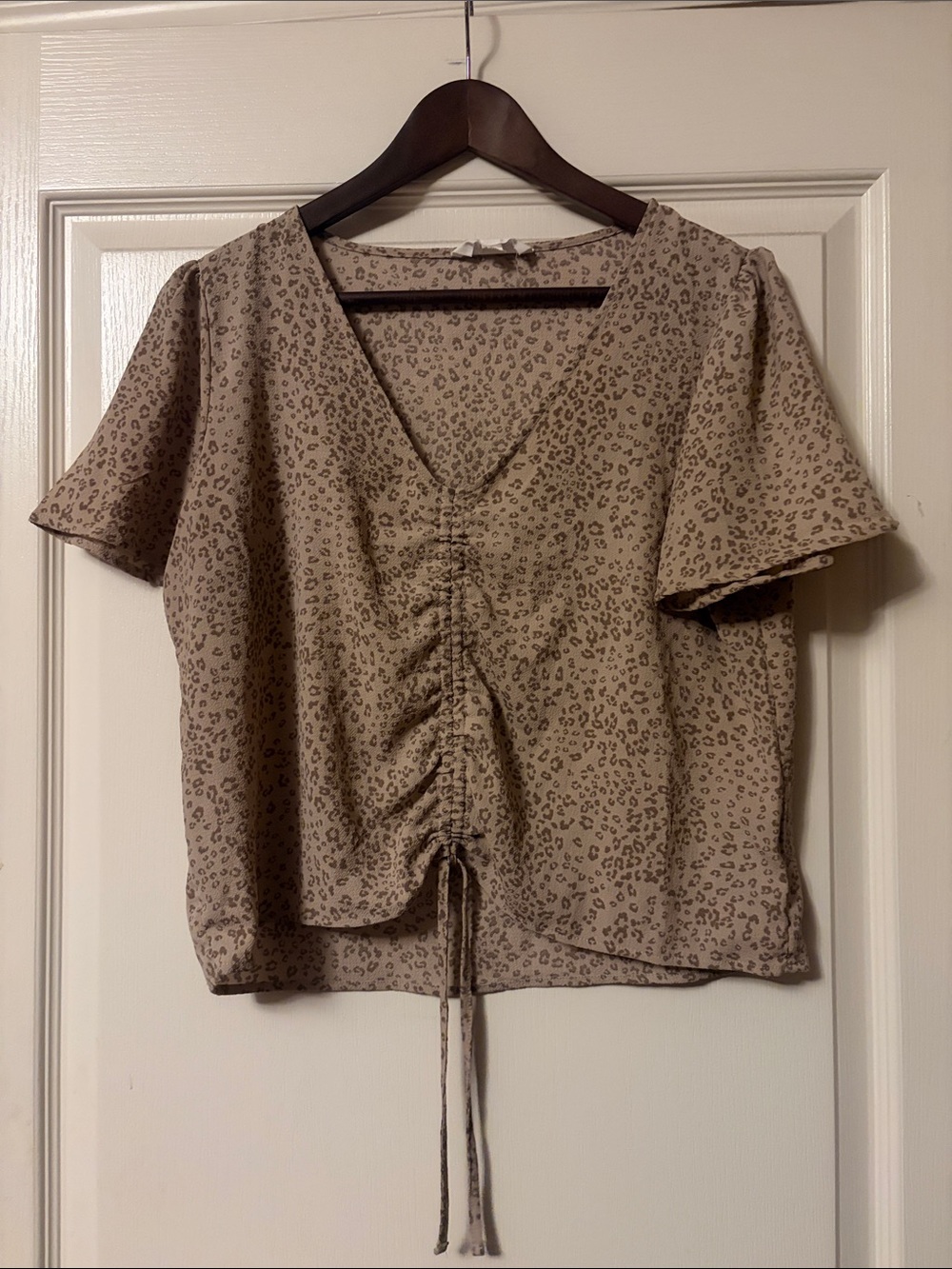 Pink Rose Taupe Leopard-Print Ruched V-Neck Crop Top